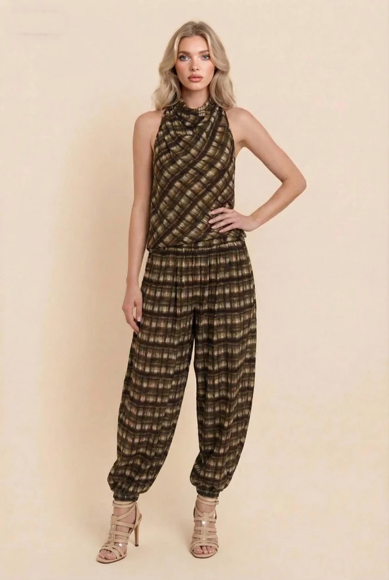 Plaid Cowl-Neck Top And Pants Set