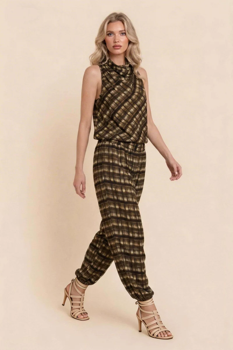 Plaid Cowl-Neck Top And Pants Set