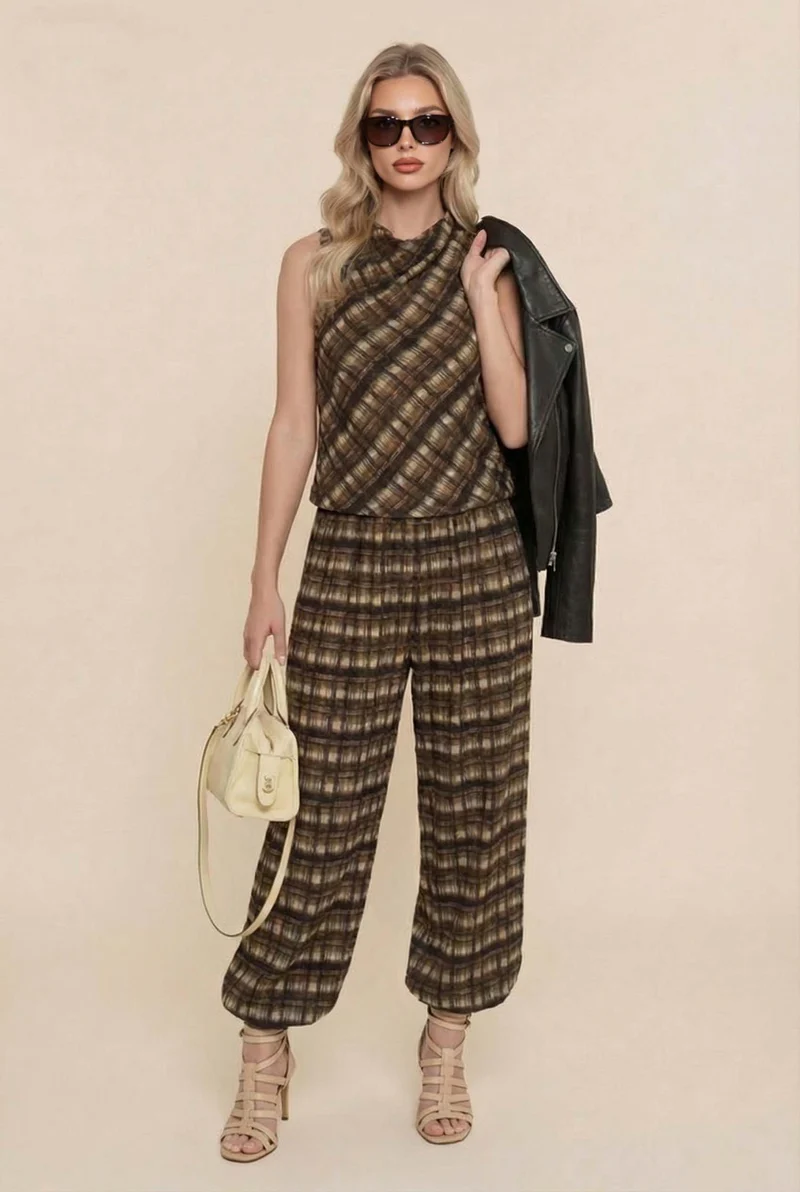 Plaid Cowl-Neck Top And Pants Set