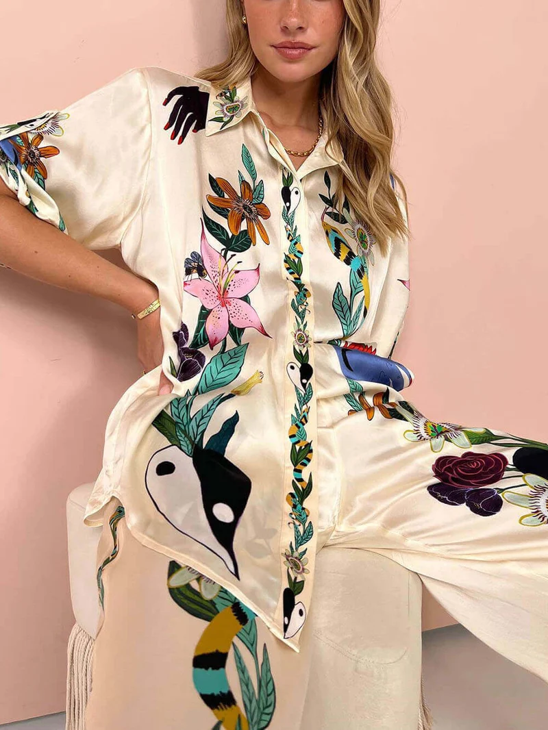 Modern Sophisticated Feel Satin Unique Print Oversized Blouse Elastic Waist Pocketed Wide Leg Pants Set