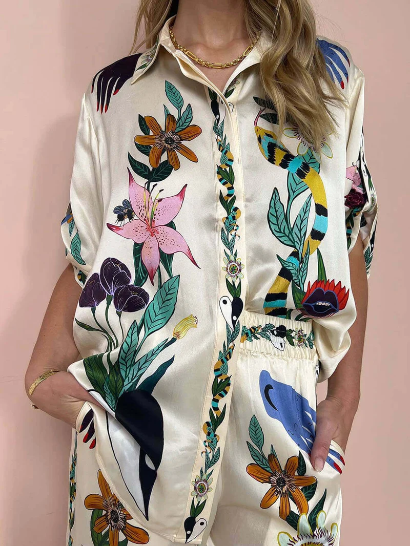 Modern Sophisticated Feel Satin Unique Print Oversized Blouse Elastic Waist Pocketed Wide Leg Pants Set