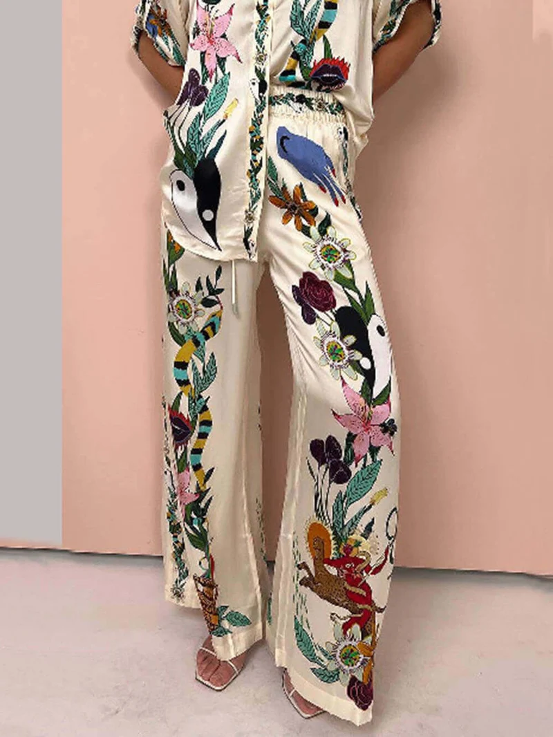 Modern Sophisticated Feel Satin Unique Print Oversized Blouse Elastic Waist Pocketed Wide Leg Pants Set