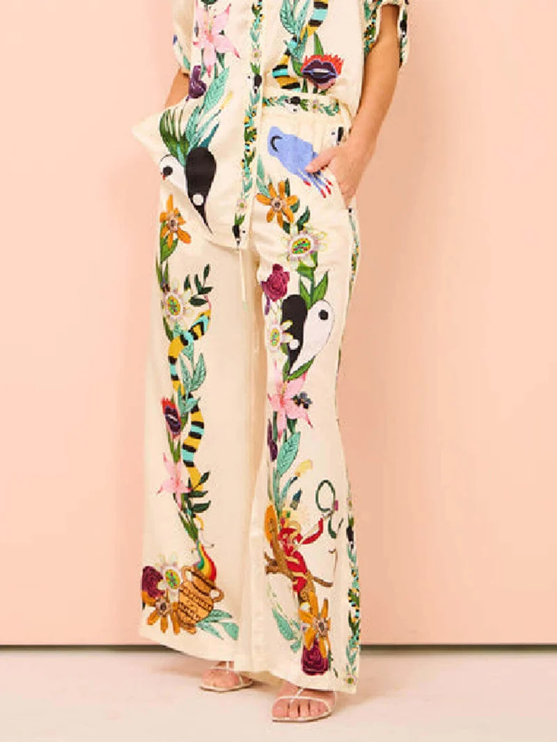 Modern Sophisticated Feel Satin Unique Print Oversized Blouse Elastic Waist Pocketed Wide Leg Pants Set