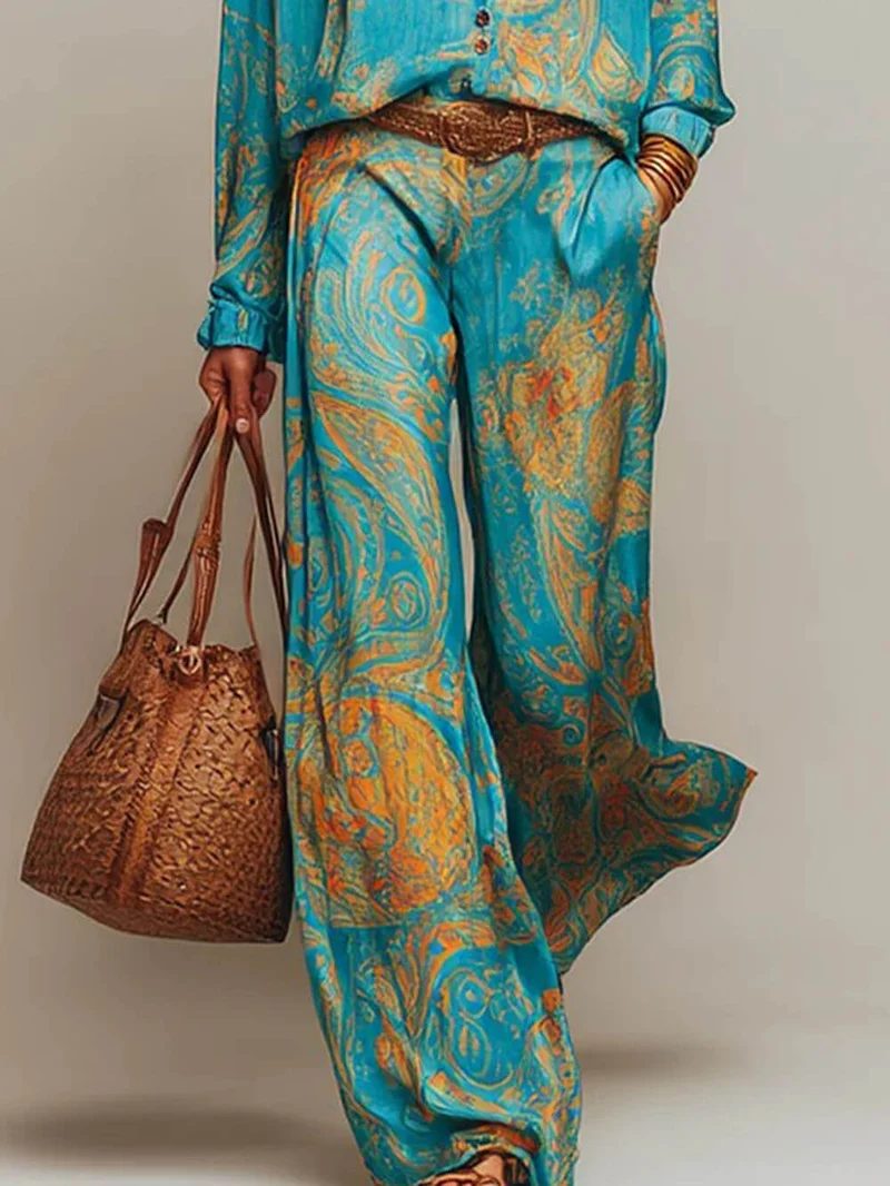 Unique Floral Print Button-Up Shirt and Elastic Waist Wide-Leg Pants Set