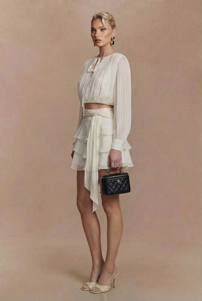 Tulle Lace-Up Shirt And Ruffled Skirt Set