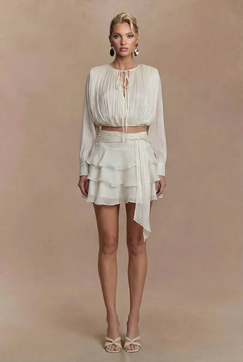 Tulle Lace-Up Shirt And Ruffled Skirt Set