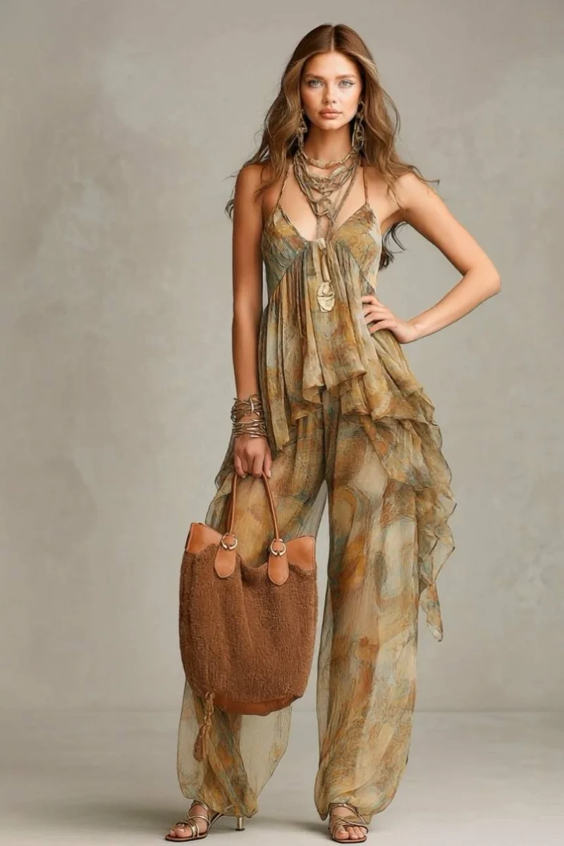 Printed Sling Top And Wide Leg Pants Set