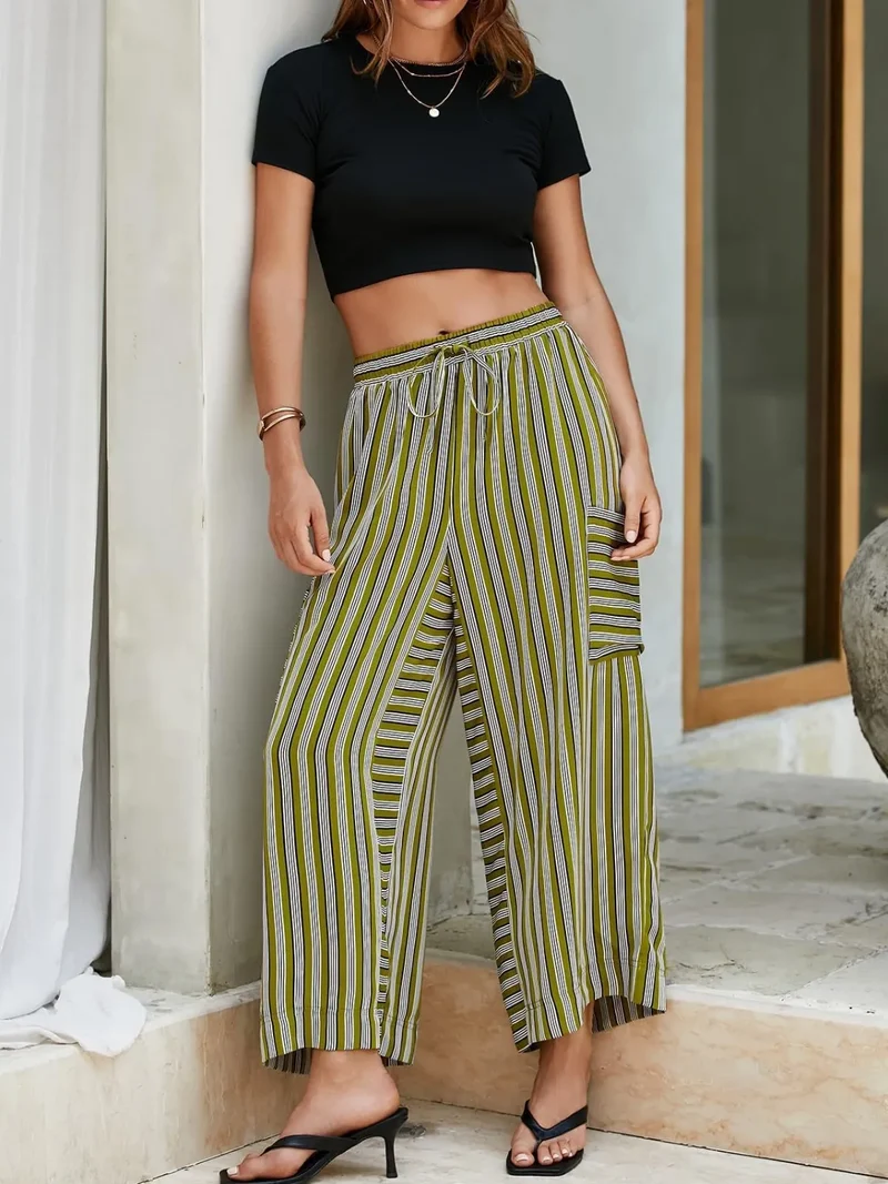 Pantalon large à rayures contrastées