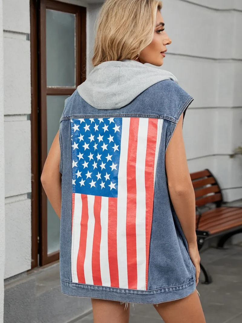 Gilet en jean boutonné avec drapeau américain