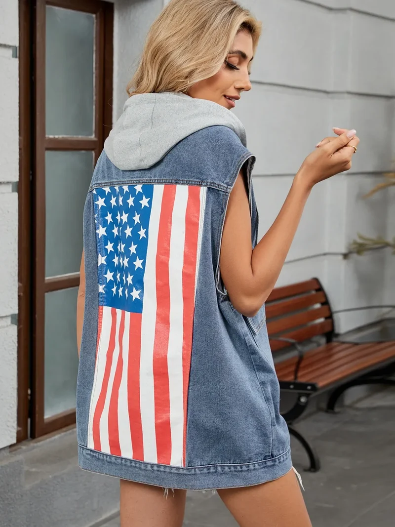 Gilet en jean boutonné avec drapeau américain