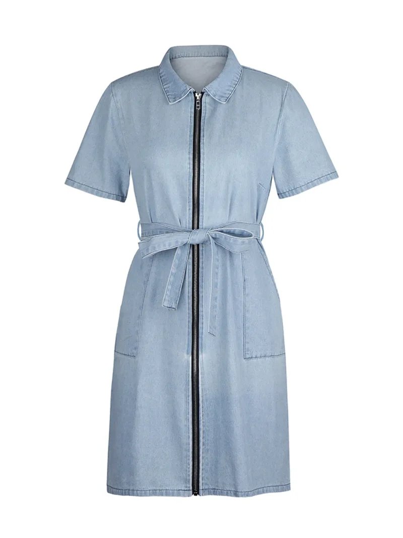 Robe en jean à manches courtes et fermeture éclair sur le devant, grande taille
