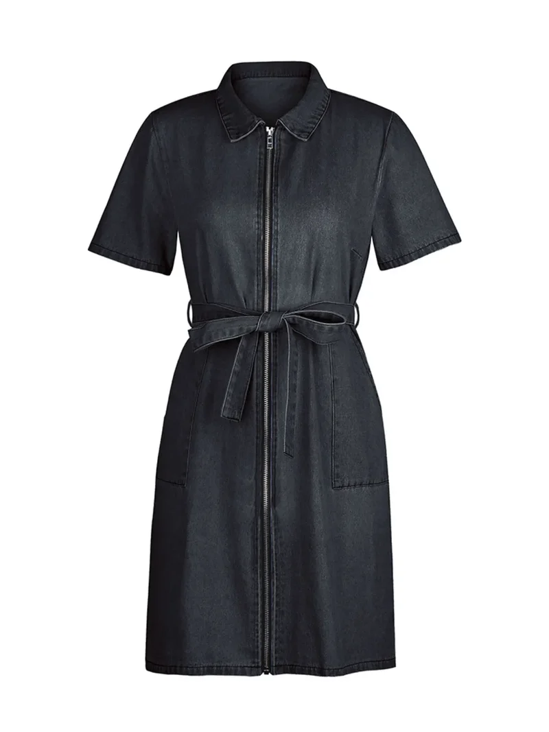 Robe en jean à manches courtes et fermeture éclair sur le devant, grande taille