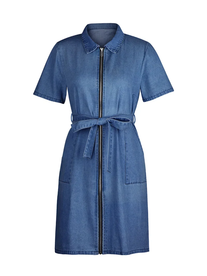 Robe en jean à manches courtes et fermeture éclair sur le devant, grande taille