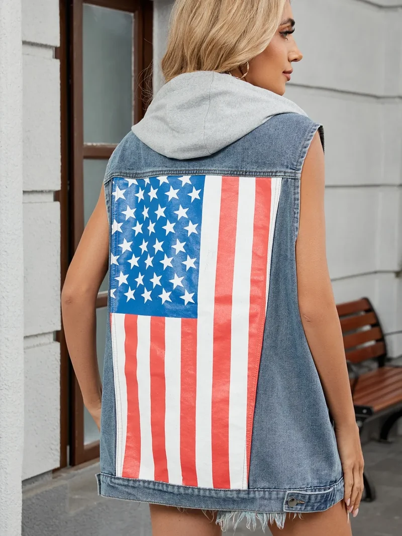 Veste en jean boutonnée avec drapeau américain