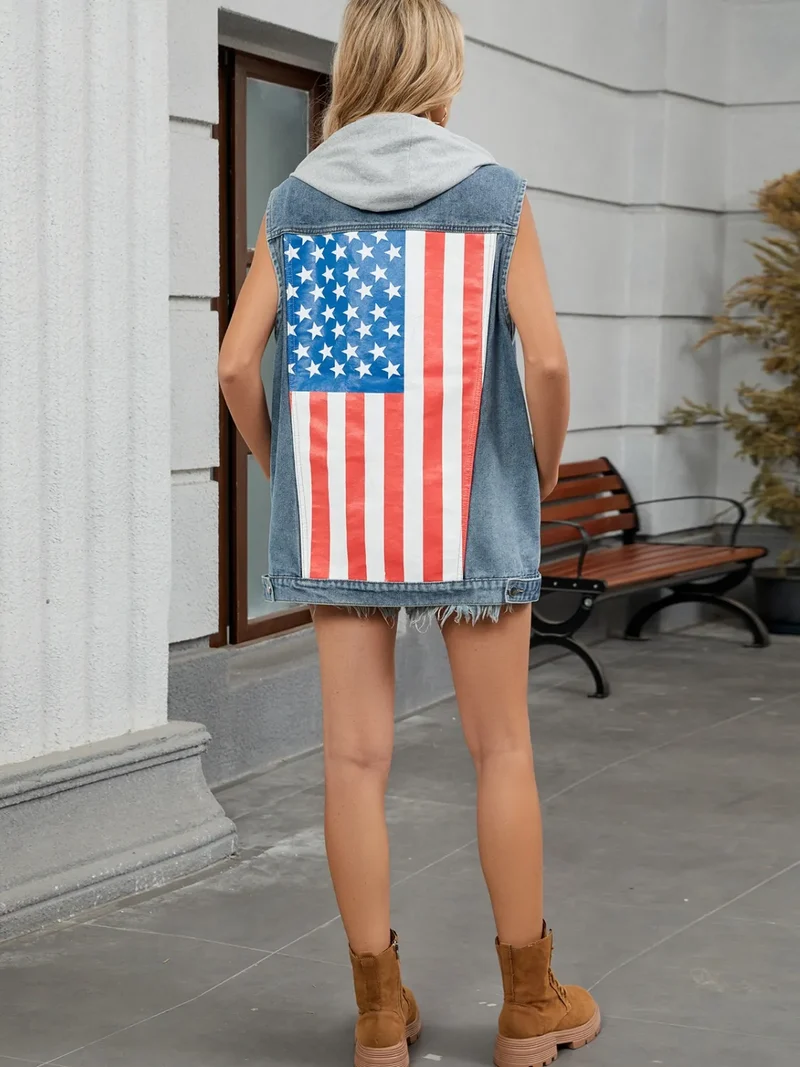 Veste en jean boutonnée avec drapeau américain