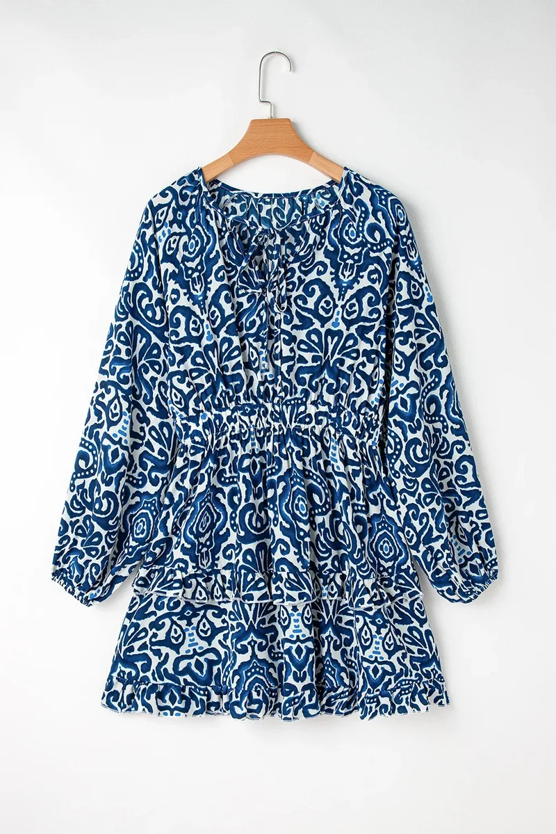Robe imprimée à manches longues et col noué