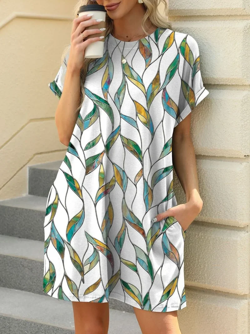 Mini-robe imprimée à col rond et manches courtes