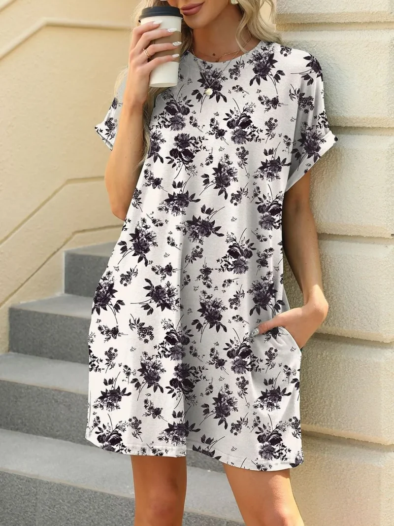 Mini-robe imprimée à col rond et manches courtes