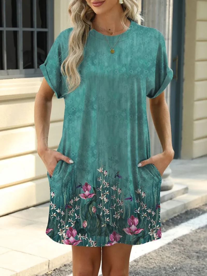 Mini-robe imprimée à col rond et manches courtes