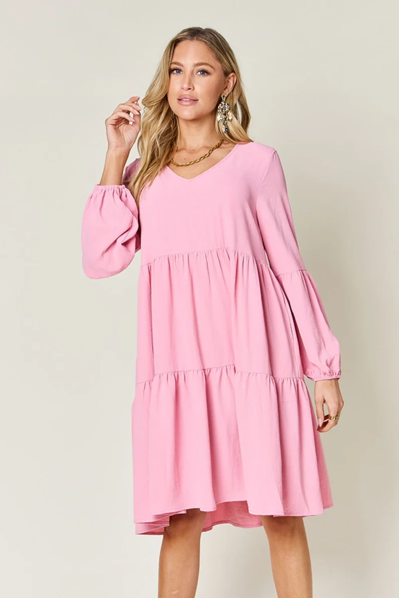 Robe à volants et manches ballon à col en V avec poches