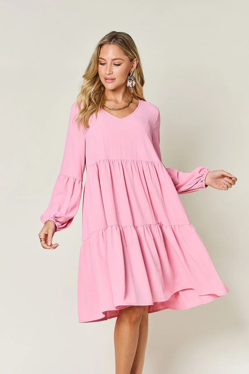 Robe à volants et manches ballon à col en V avec poches