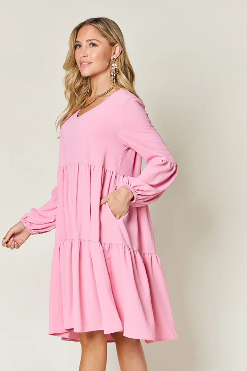 Robe à volants et manches ballon à col en V avec poches