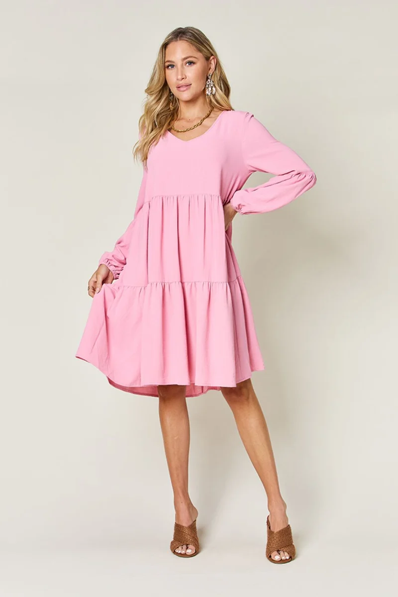 Robe à volants et manches ballon à col en V avec poches