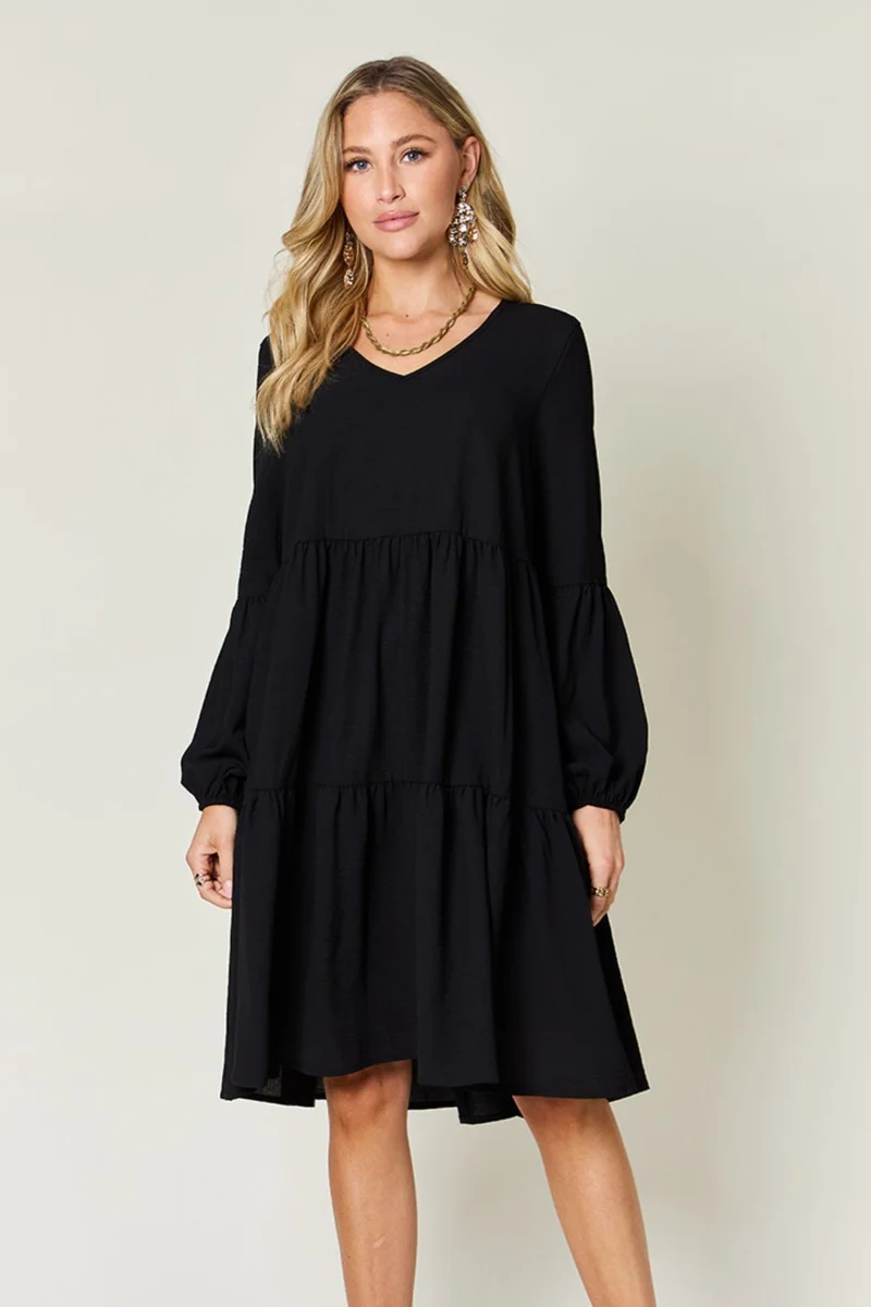 Robe à volants et manches ballon à col en V avec poches