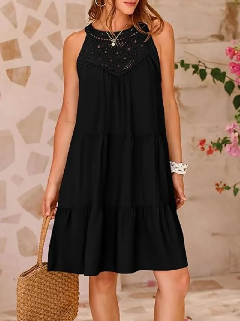 Robe sans manches en dentelle à ourlet volanté