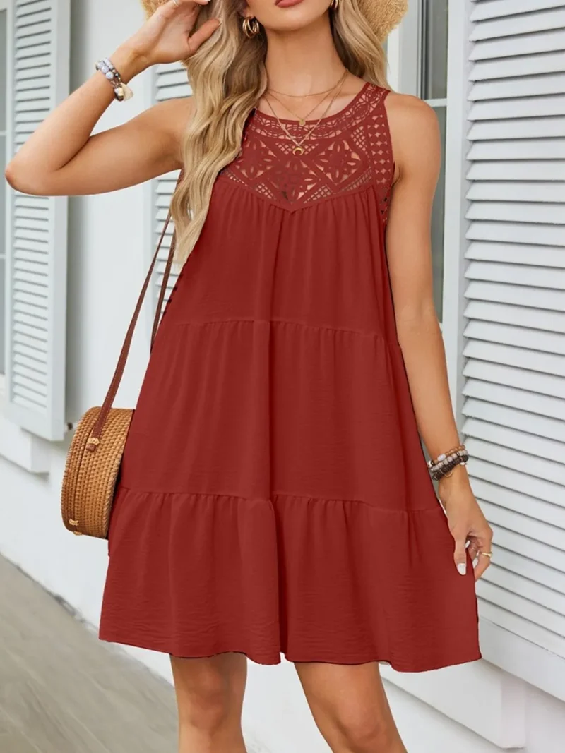 Robe sans manches en dentelle à ourlet volanté