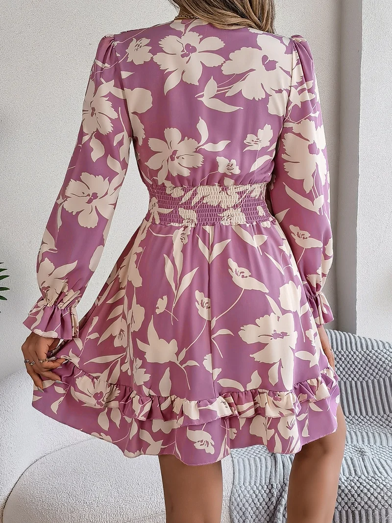 Robe imprimée à manches longues et volants