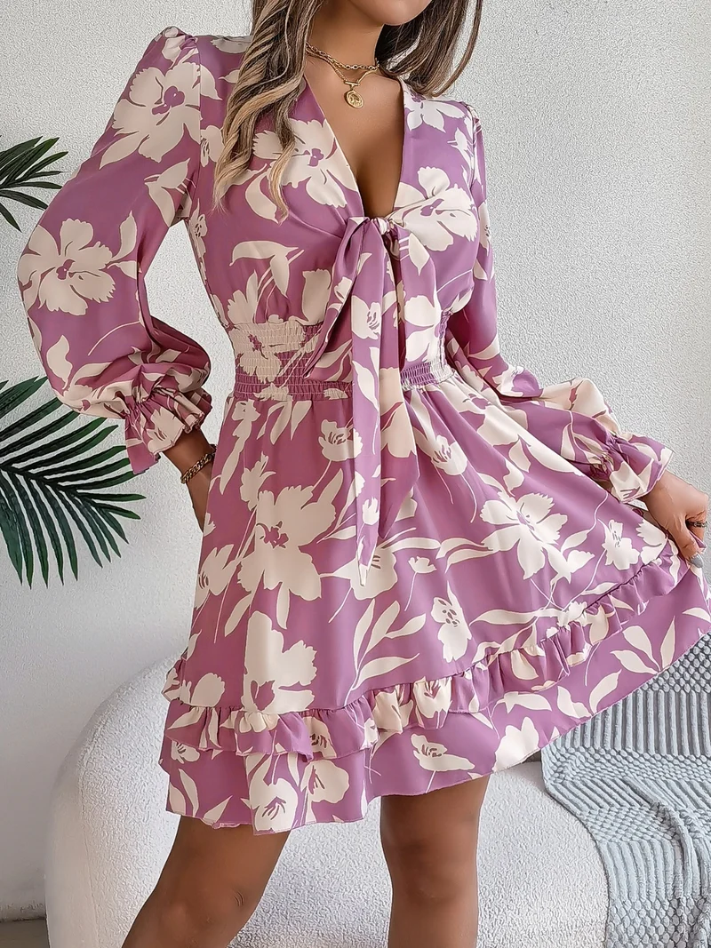 Robe imprimée à manches longues et volants
