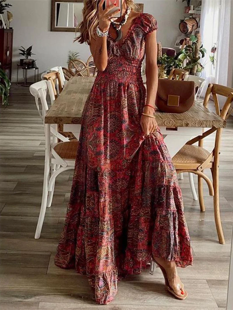 Robe à manches courtes et col en V, imprimée et froncée, grande taille