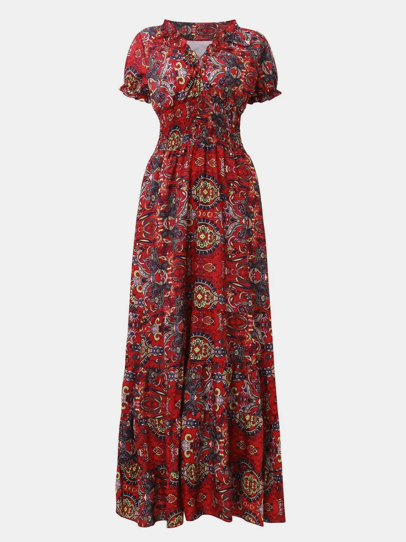 Robe à manches courtes et col en V, imprimée et froncée, grande taille