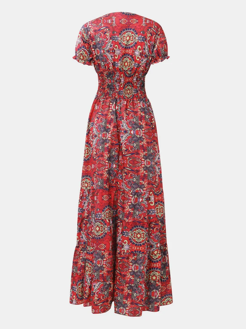 Robe à manches courtes et col en V, imprimée et froncée, grande taille