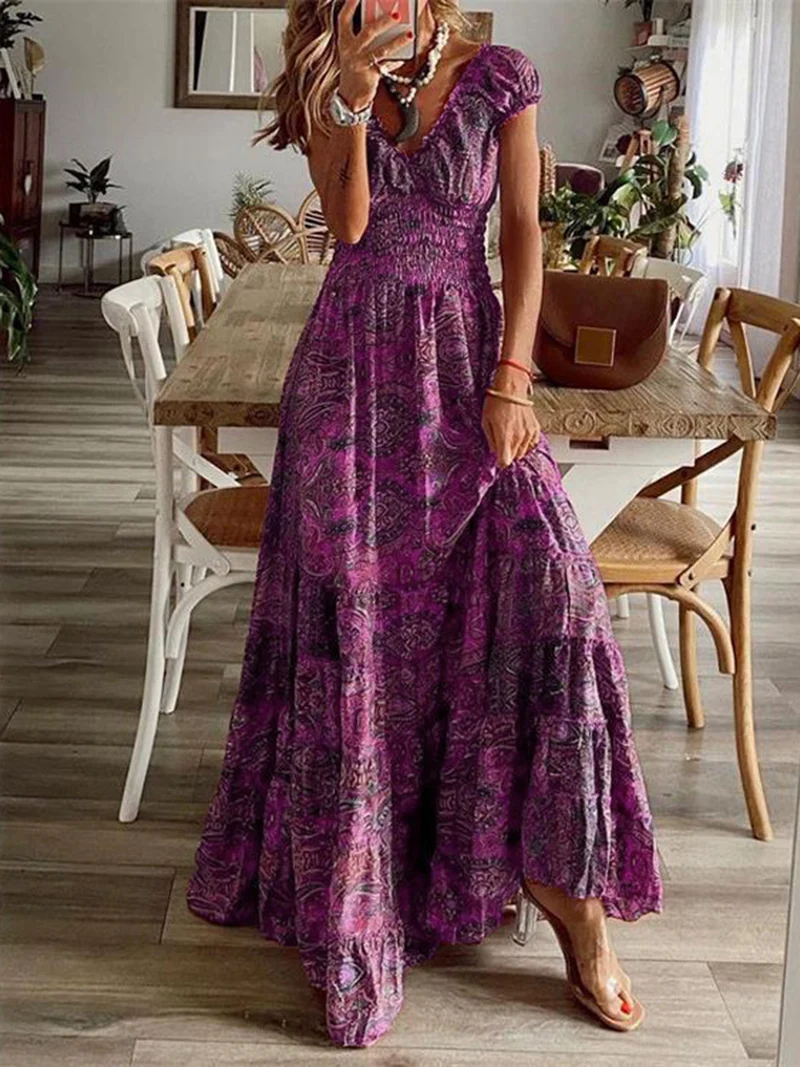 Robe à manches courtes et col en V, imprimée et froncée, grande taille