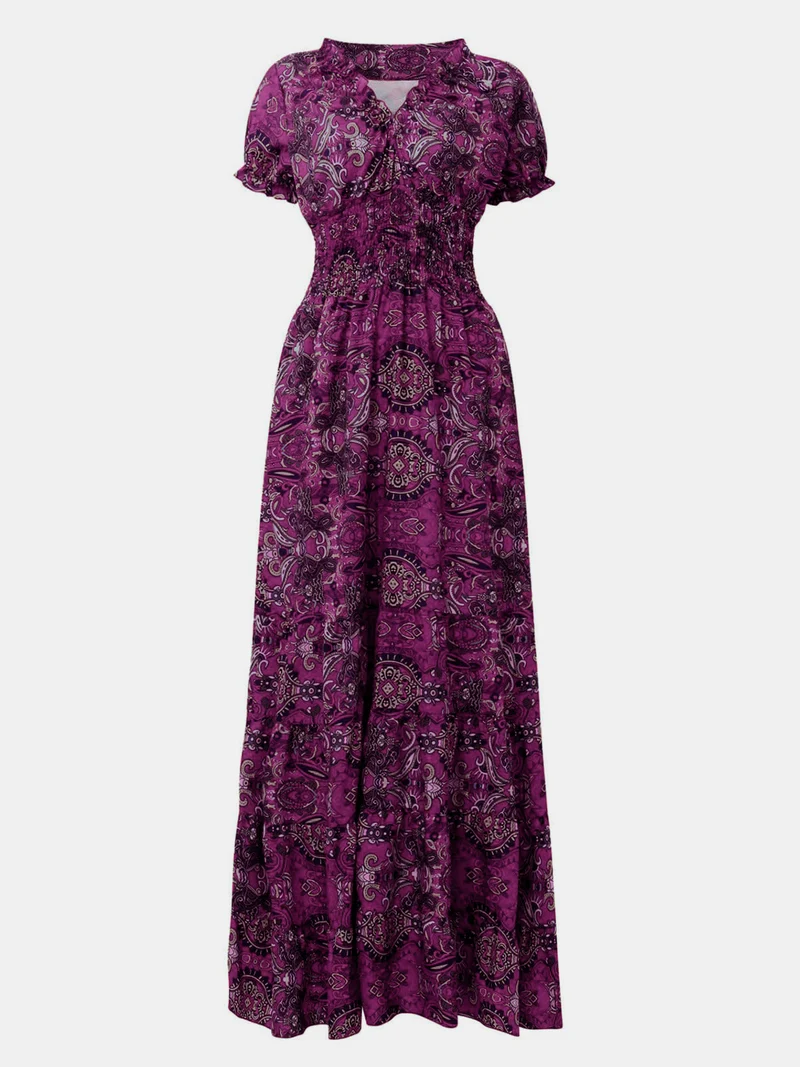 Robe à manches courtes et col en V, imprimée et froncée, grande taille