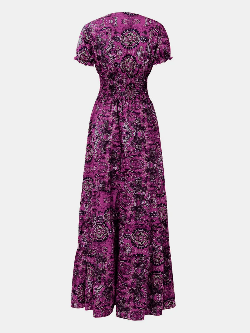 Robe à manches courtes et col en V, imprimée et froncée, grande taille