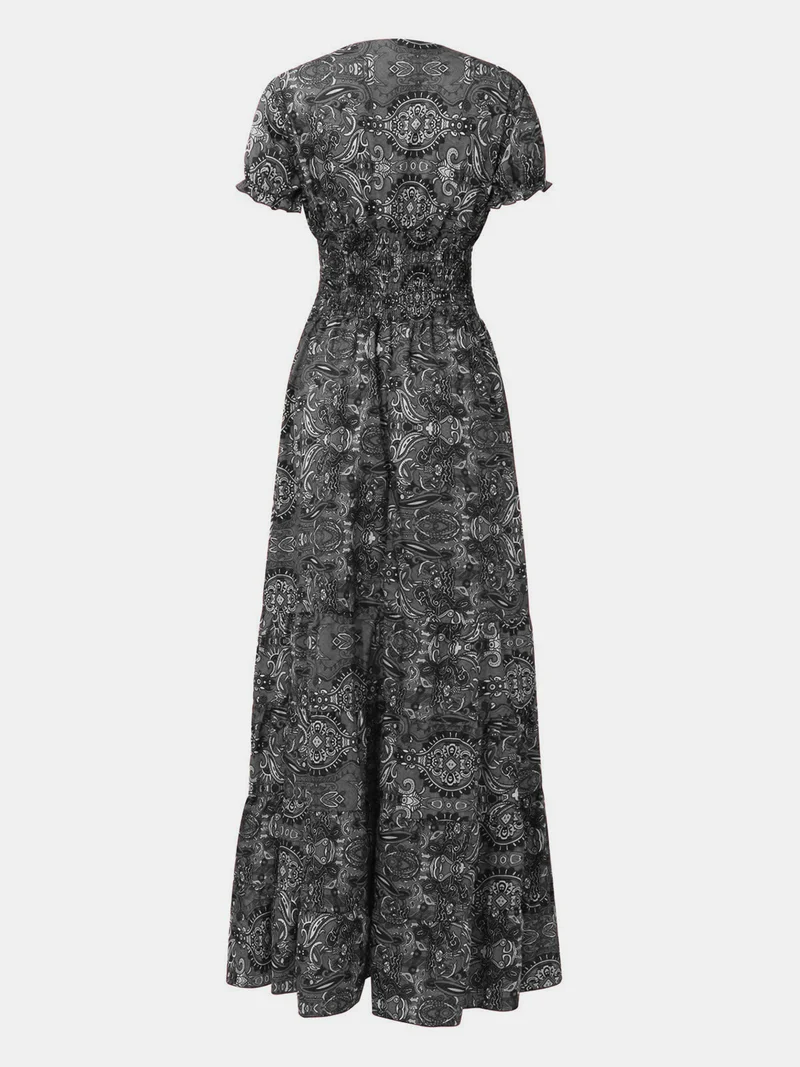 Robe à manches courtes et col en V, imprimée et froncée, grande taille