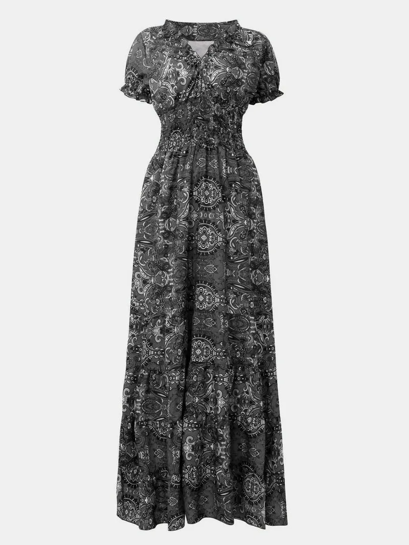 Robe à manches courtes et col en V, imprimée et froncée, grande taille