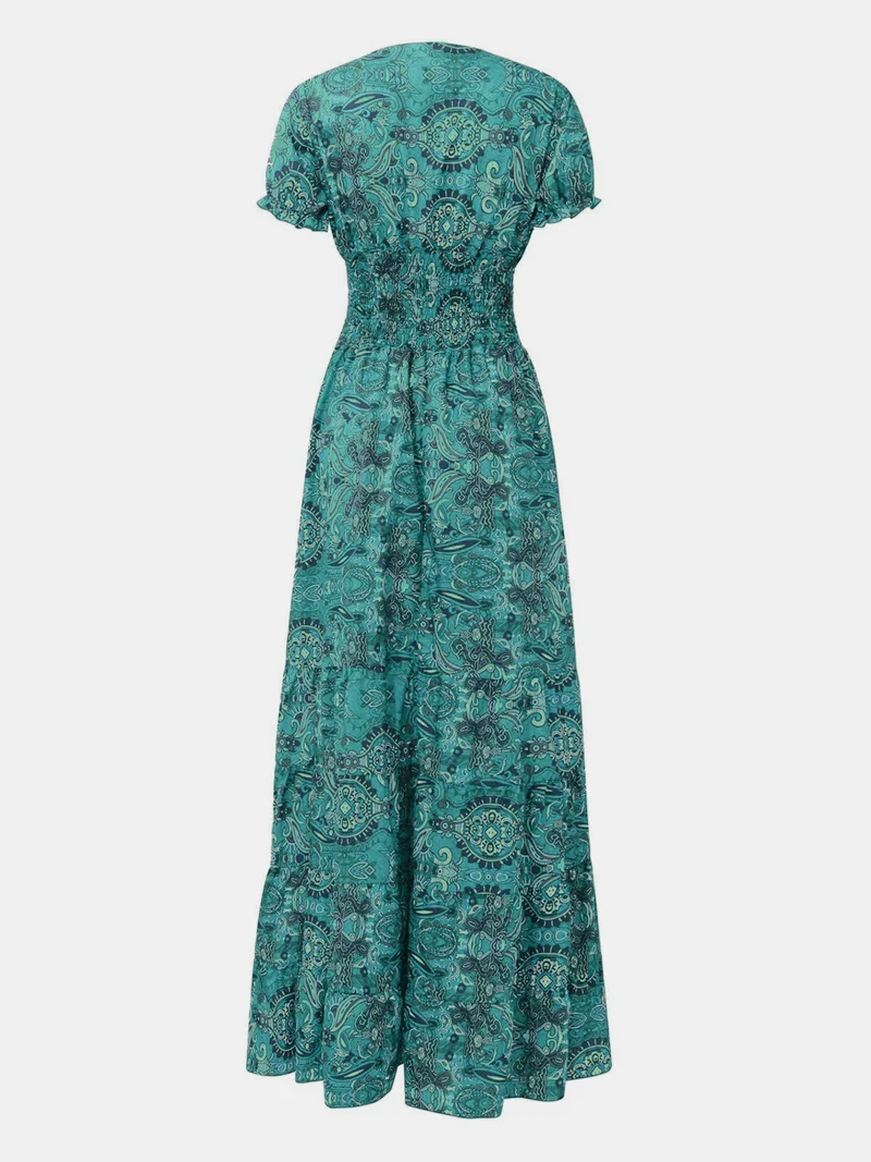 Robe à manches courtes et col en V, imprimée et froncée, grande taille