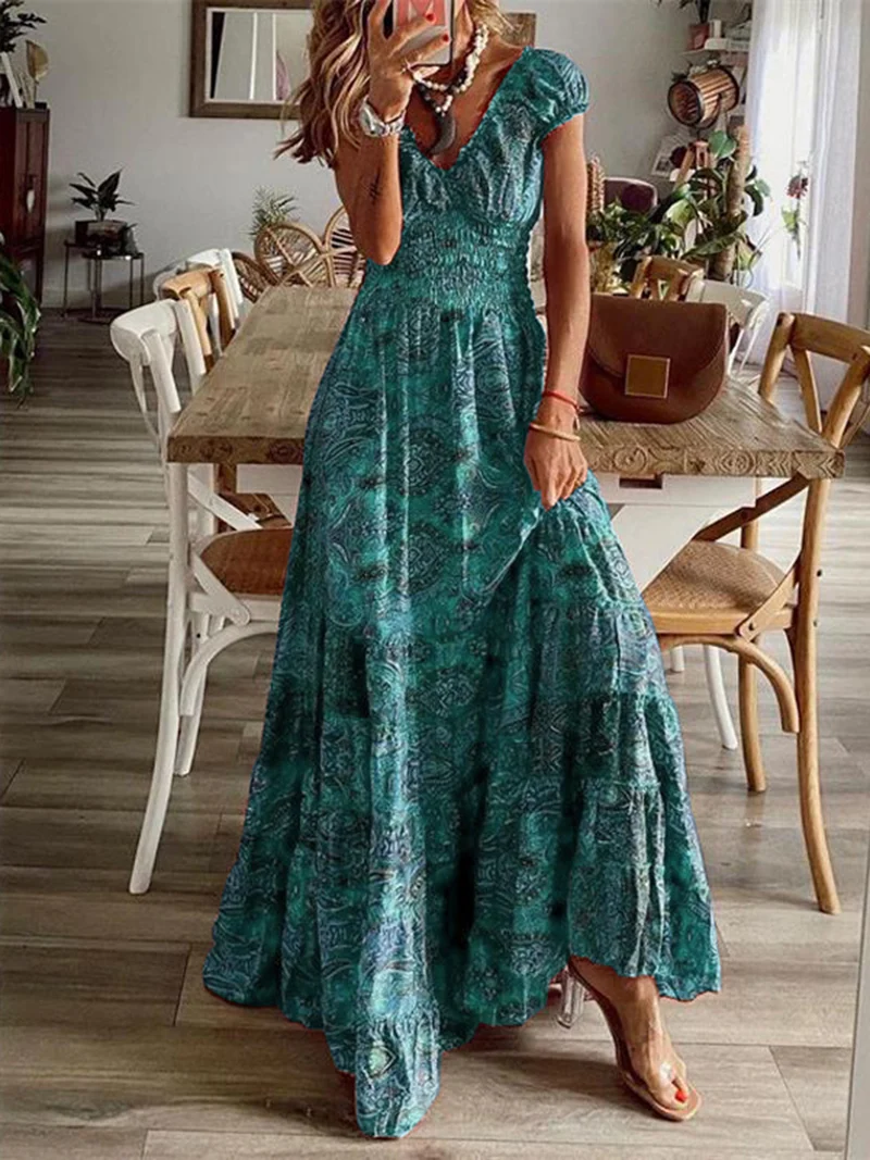Robe à manches courtes et col en V, imprimée et froncée, grande taille