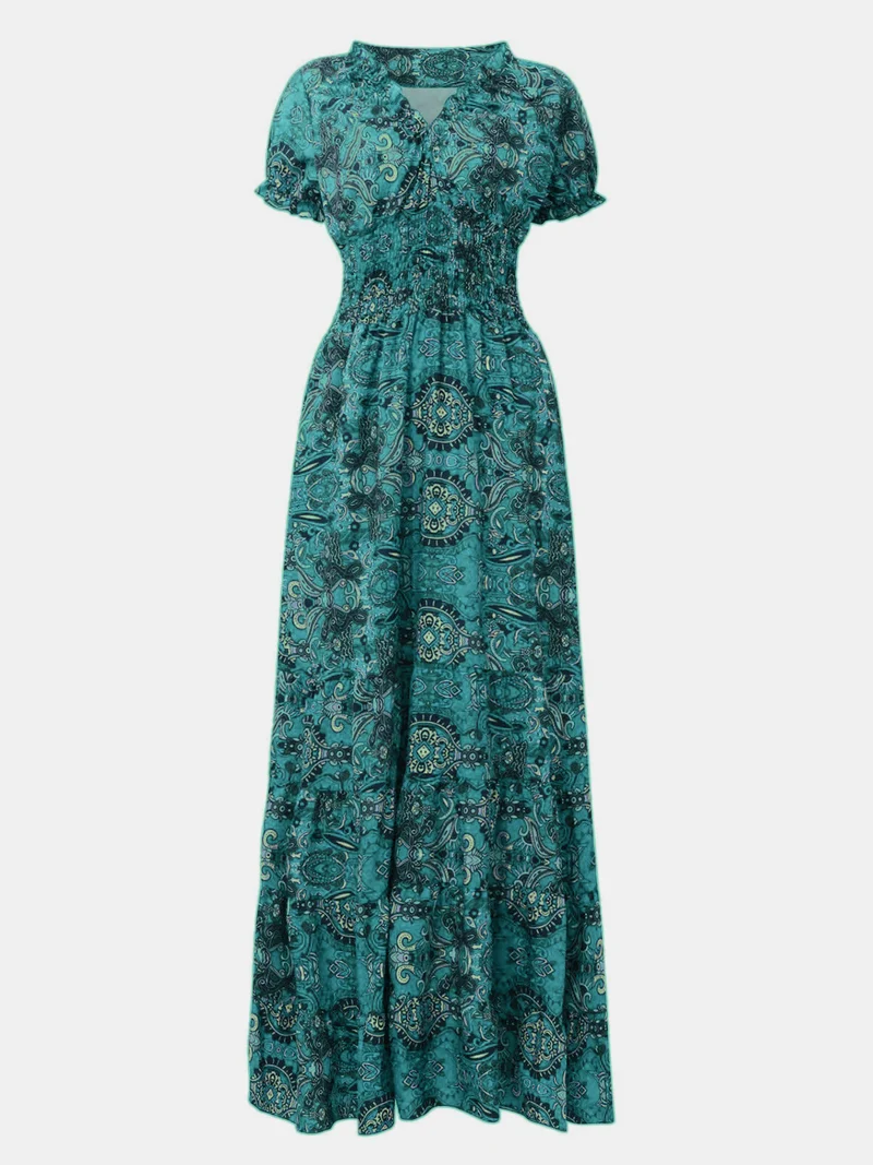 Robe à manches courtes et col en V, imprimée et froncée, grande taille