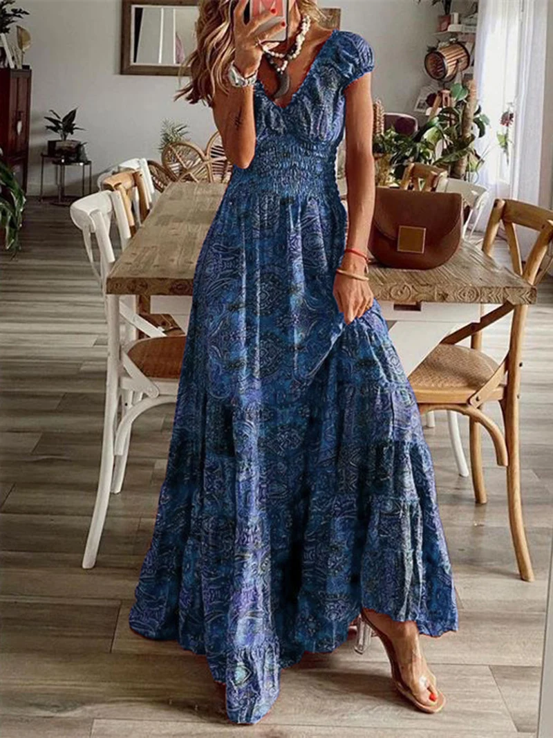 Robe à manches courtes et col en V, imprimée et froncée, grande taille