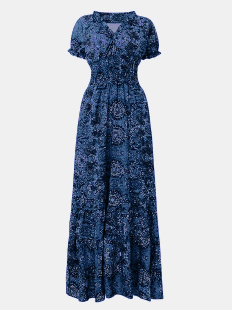 Robe à manches courtes et col en V, imprimée et froncée, grande taille