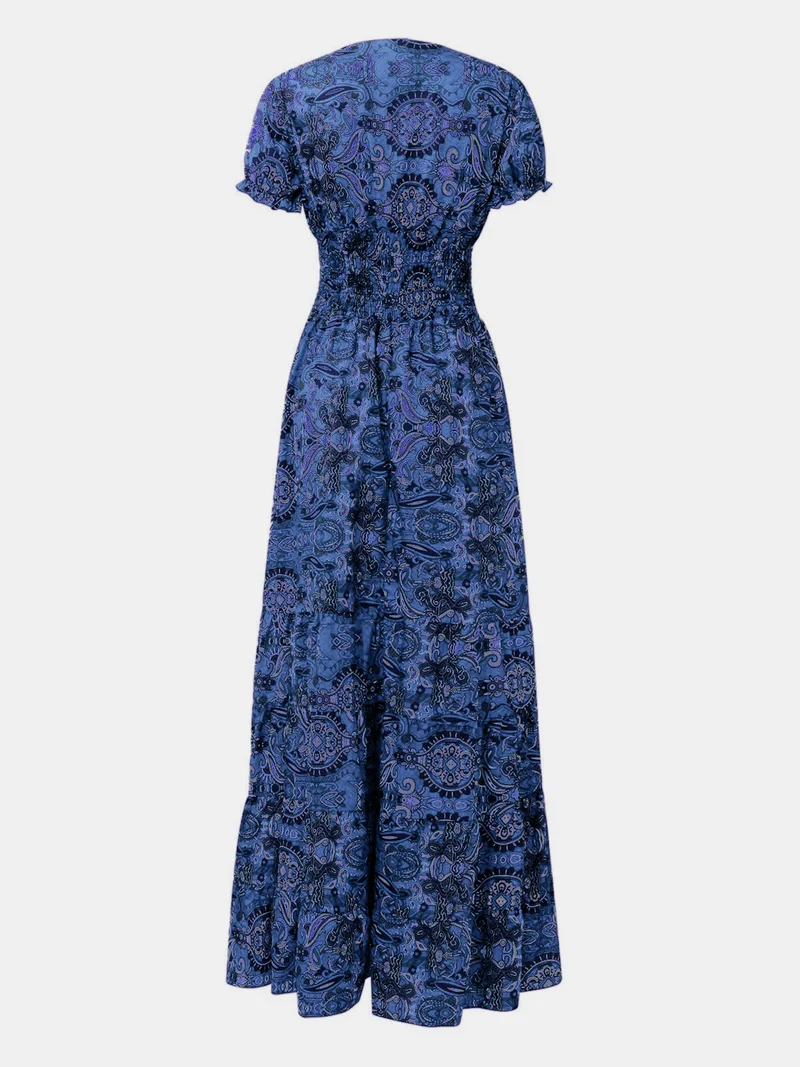 Robe à manches courtes et col en V, imprimée et froncée, grande taille