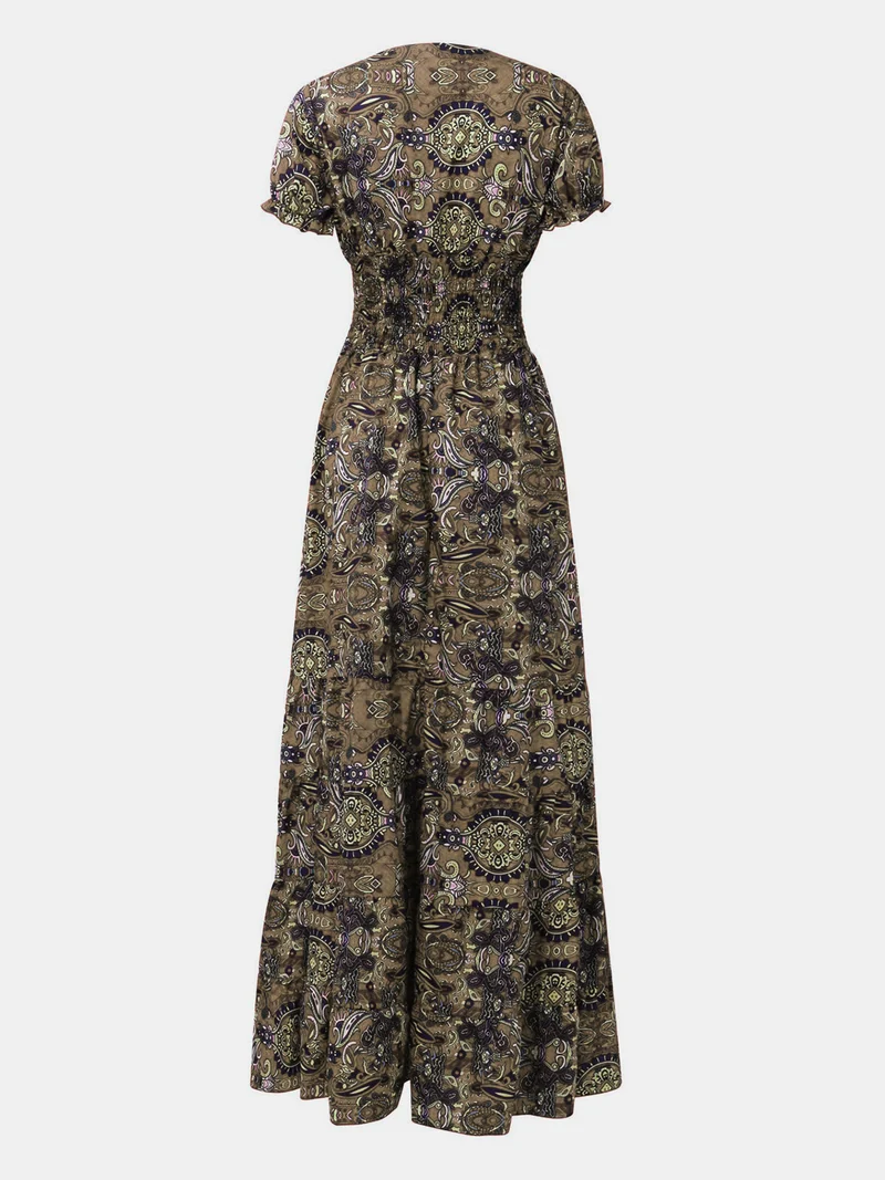 Robe à manches courtes et col en V, imprimée et froncée, grande taille