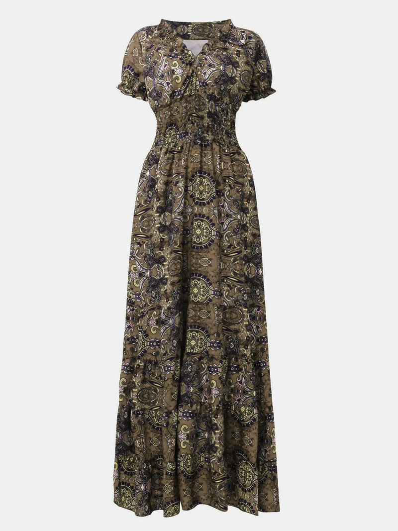Robe à manches courtes et col en V, imprimée et froncée, grande taille