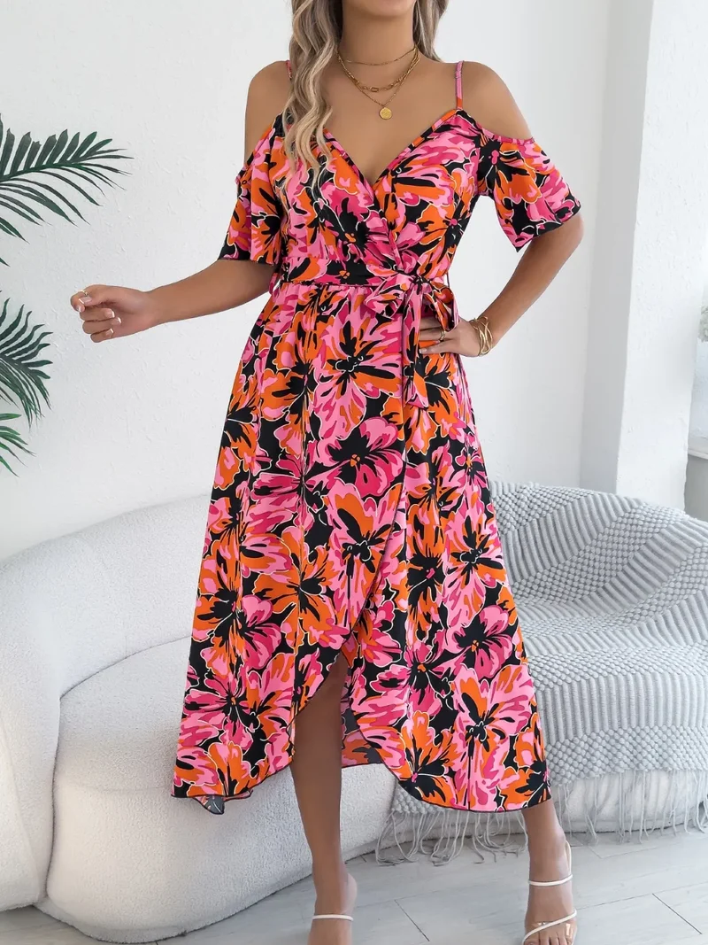Robe camisole mi-longue imprimée à épaules dénudées