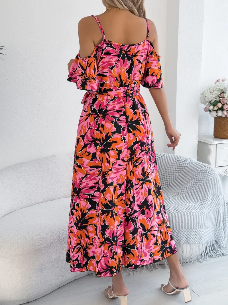 Robe camisole mi-longue imprimée à épaules dénudées